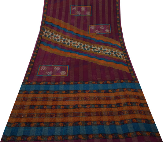 Sushila Vintage Indian Saree Pure Georgette Silk Hand Block Printed Sari Fabric