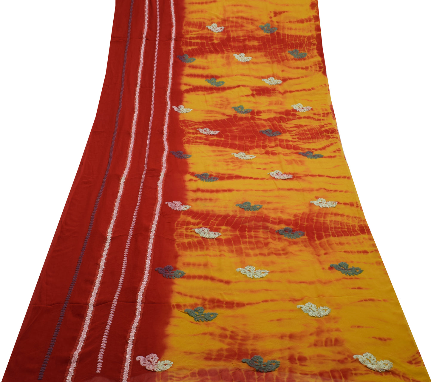 Sushila Vintage Tie-Dye Saree Pure Georgette Red Orange Printed Sari Craft Fabric
