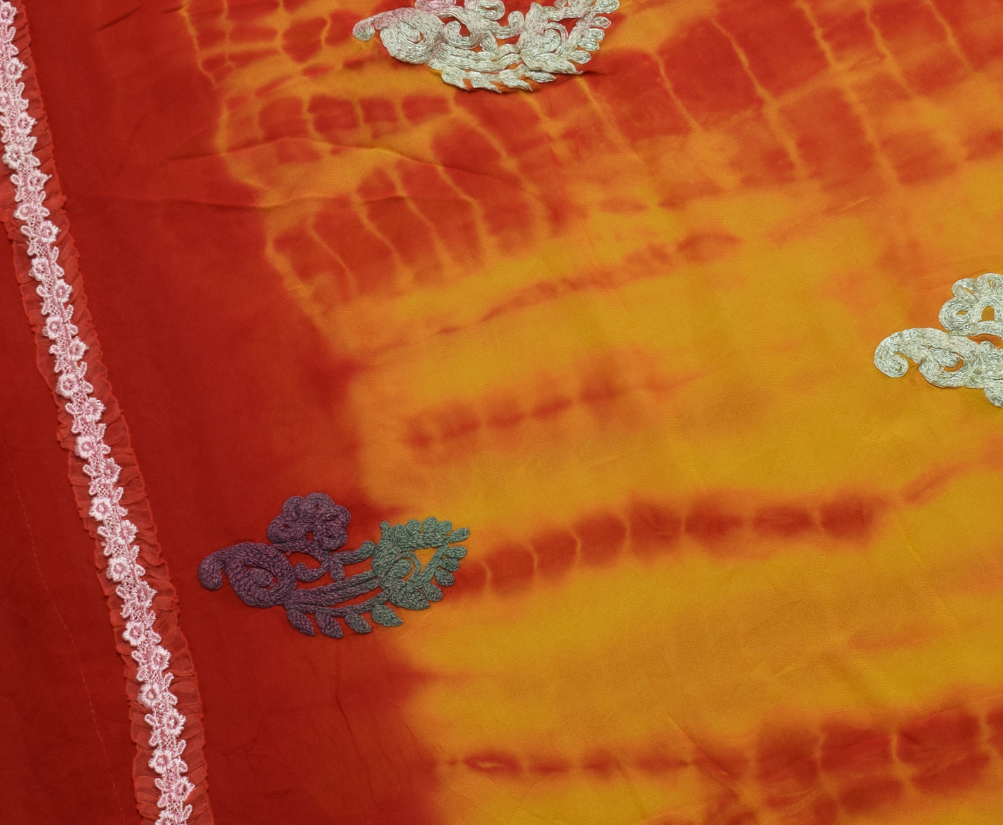 Sushila Vintage Tie-Dye Saree Pure Georgette Red Orange Printed Sari Craft Fabric
