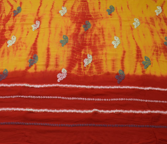 Sushila Vintage Tie-Dye Saree Pure Georgette Red Orange Printed Sari Craft Fabric
