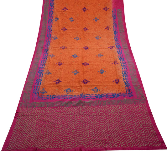 Sushila Vintage Orange Saree Pure Crepe Silk Printed Craft Sari 5 Yard Fabric