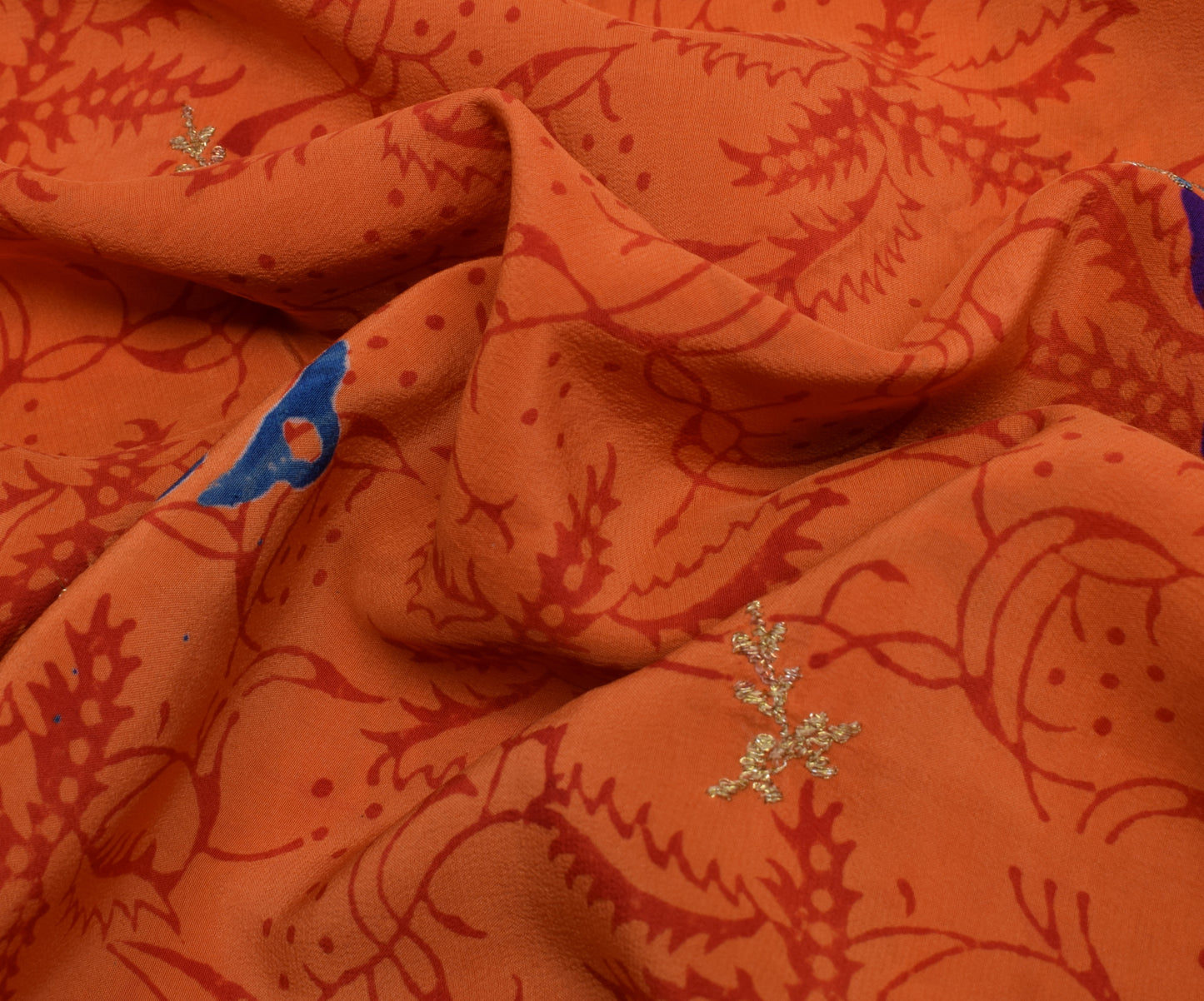 Sushila Vintage Orange Saree Pure Crepe Silk Printed Craft Sari 5 Yard Fabric