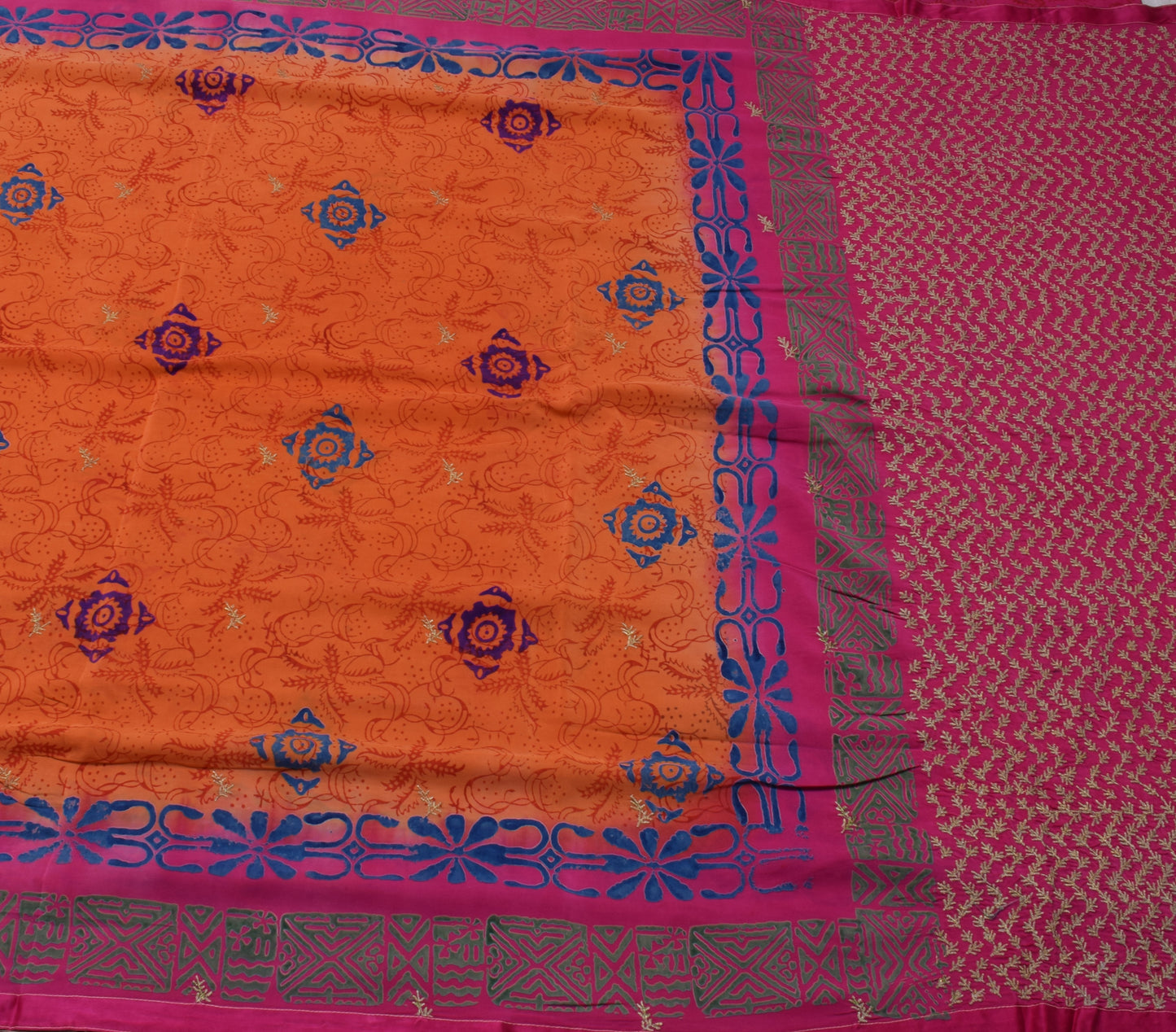 Sushila Vintage Orange Saree Pure Crepe Silk Printed Craft Sari 5 Yard Fabric