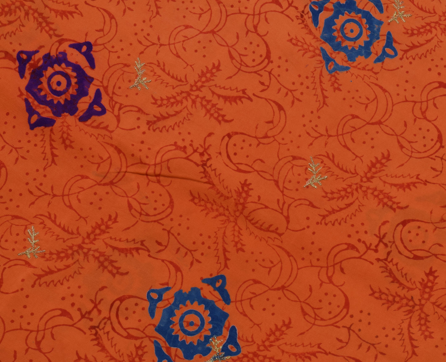 Sushila Vintage Orange Saree Pure Crepe Silk Printed Craft Sari 5 Yard Fabric