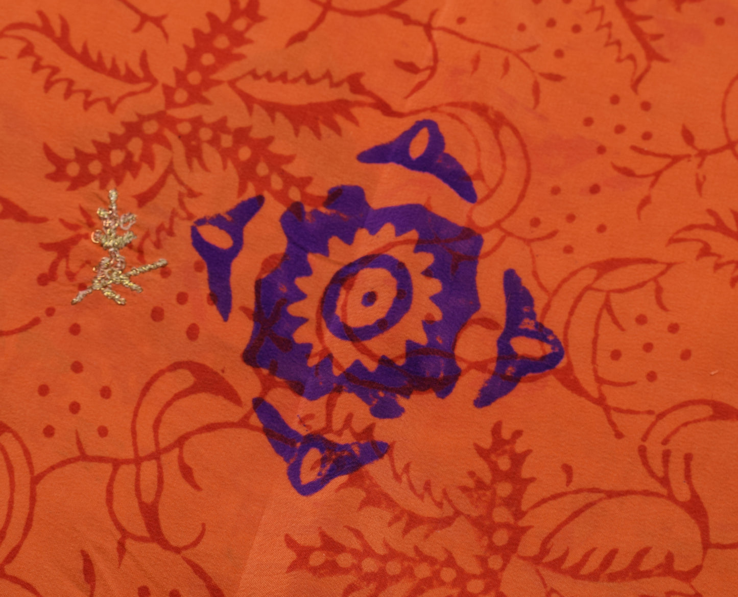 Sushila Vintage Orange Saree Pure Crepe Silk Printed Craft Sari 5 Yard Fabric
