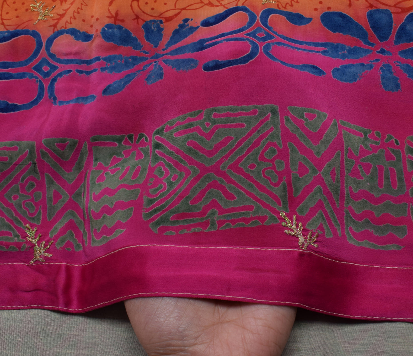 Sushila Vintage Orange Saree Pure Crepe Silk Printed Craft Sari 5 Yard Fabric