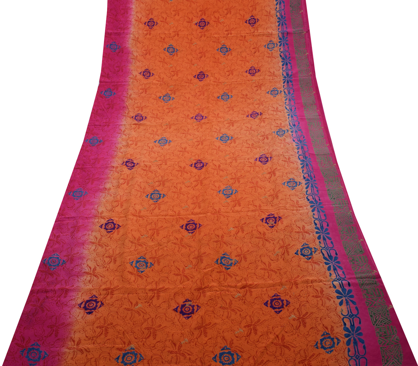 Sushila Vintage Orange Saree Pure Crepe Silk Printed Craft Sari 5 Yard Fabric