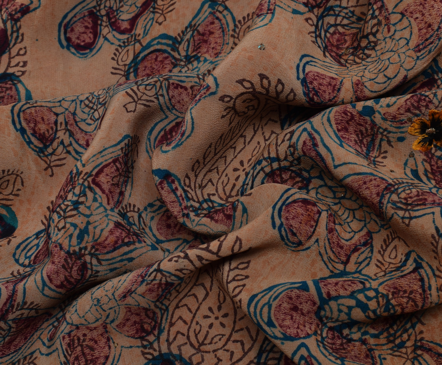 Sushila Vintage Indian Saree Pure Crepe Printed Floral Sari Craft 5 Yard Fabric