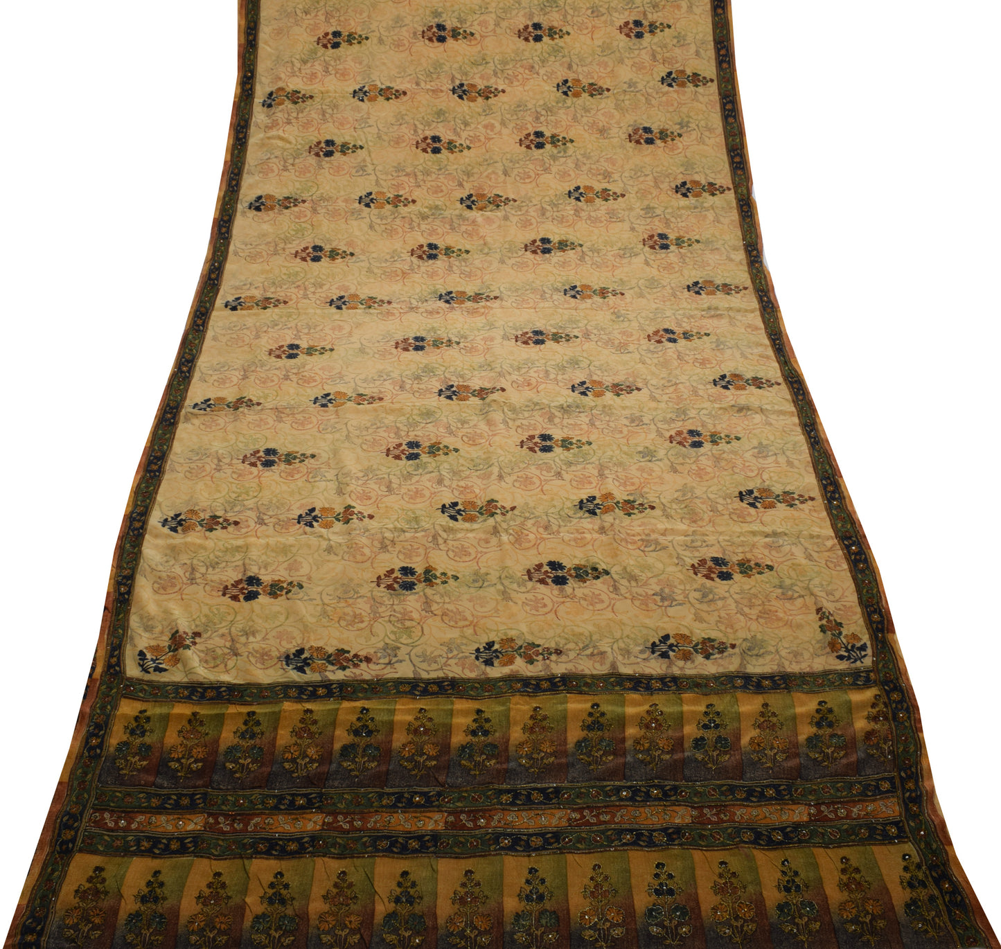 Sushila Vintage Brown Saree Pure Crepe Silk Printed Floral Sari Craft Fabric