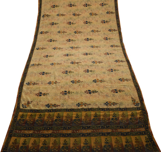 Sushila Vintage Brown Saree Pure Crepe Silk Printed Floral Sari Craft Fabric