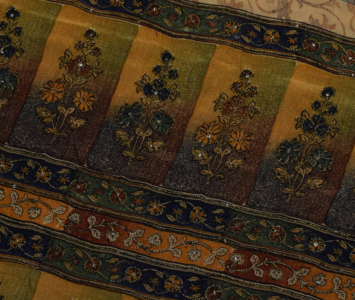 Sushila Vintage Brown Saree Pure Crepe Silk Printed Floral Sari Craft Fabric
