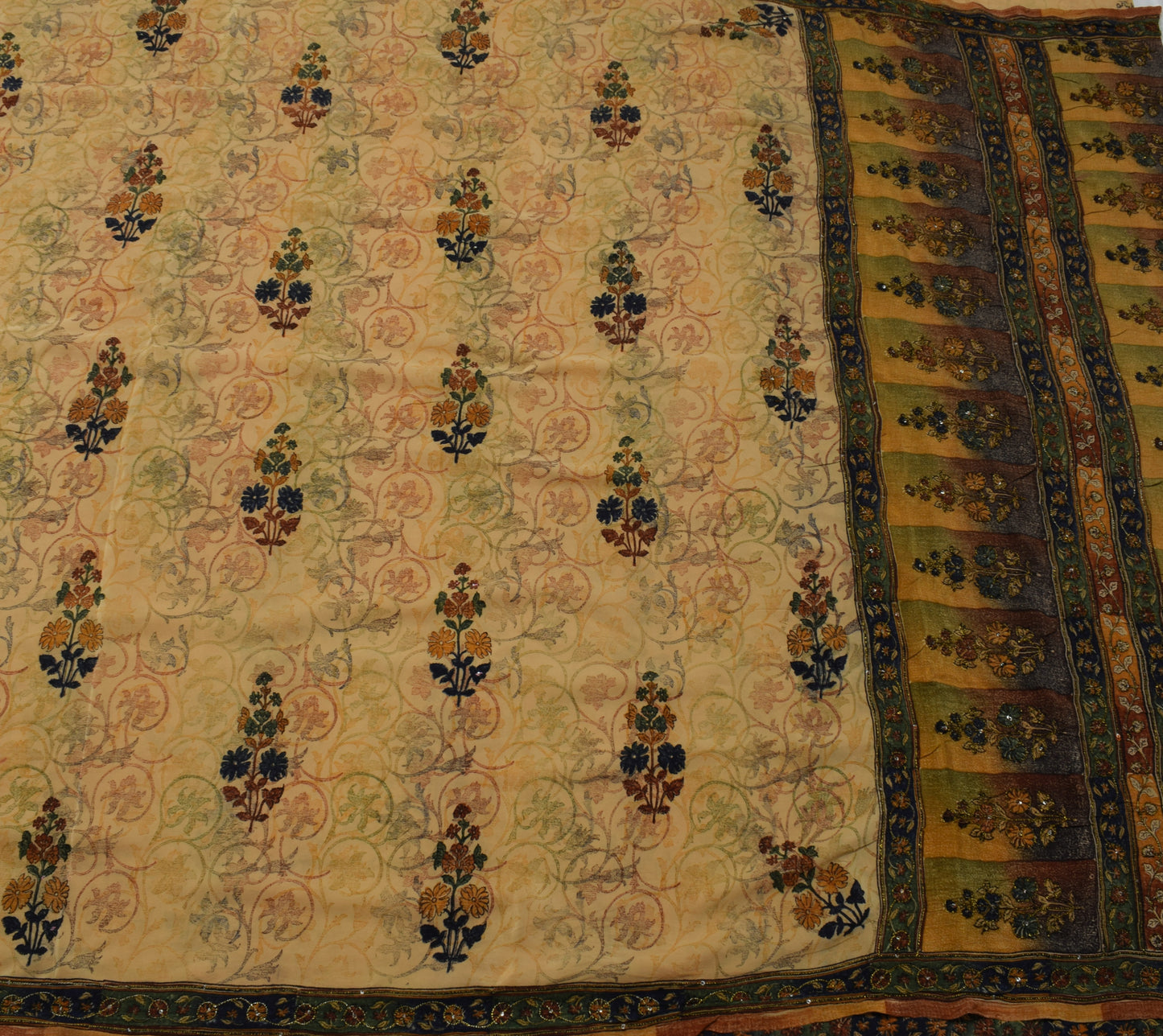 Sushila Vintage Brown Saree Pure Crepe Silk Printed Floral Sari Craft Fabric