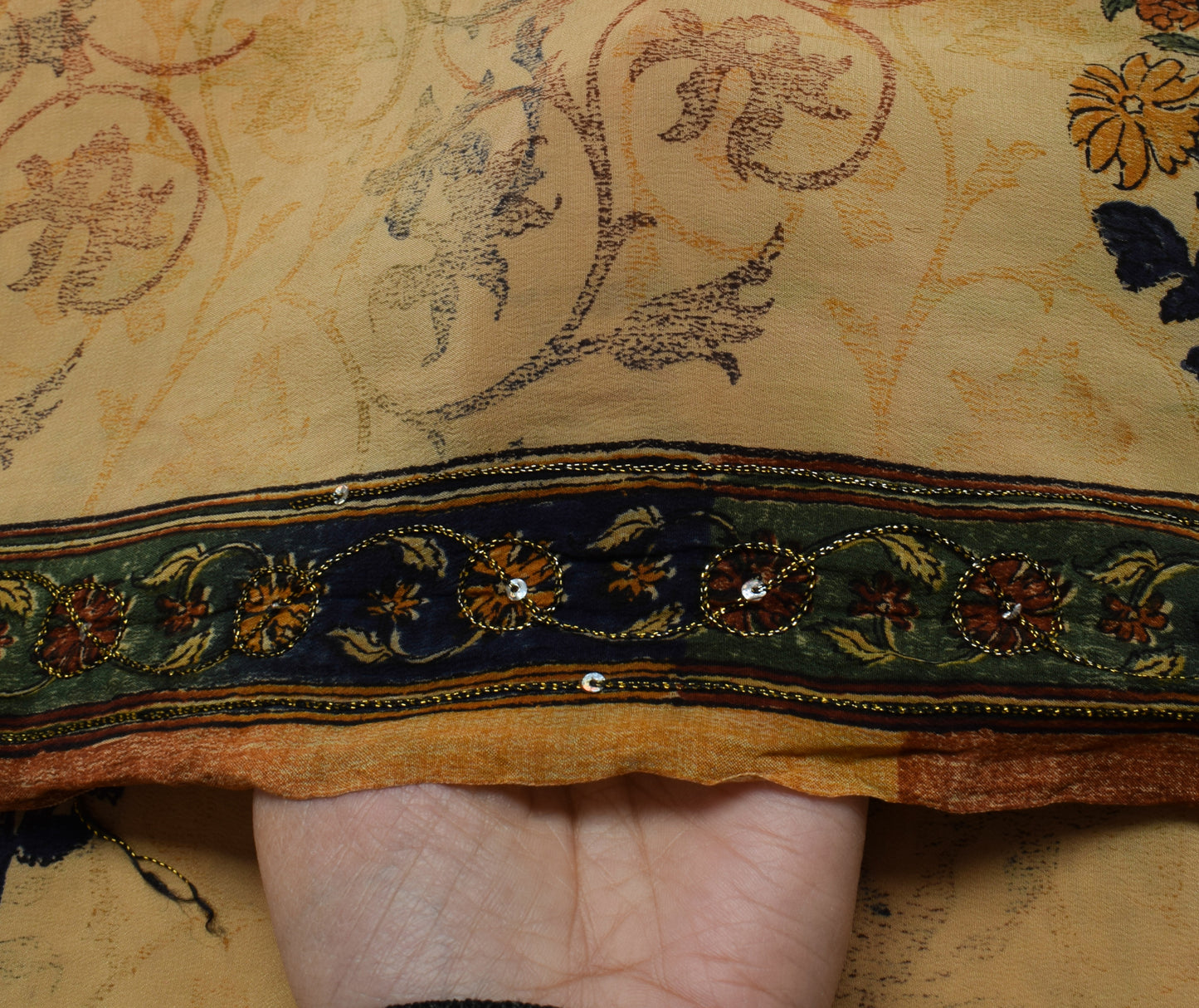 Sushila Vintage Brown Saree Pure Crepe Silk Printed Floral Sari Craft Fabric