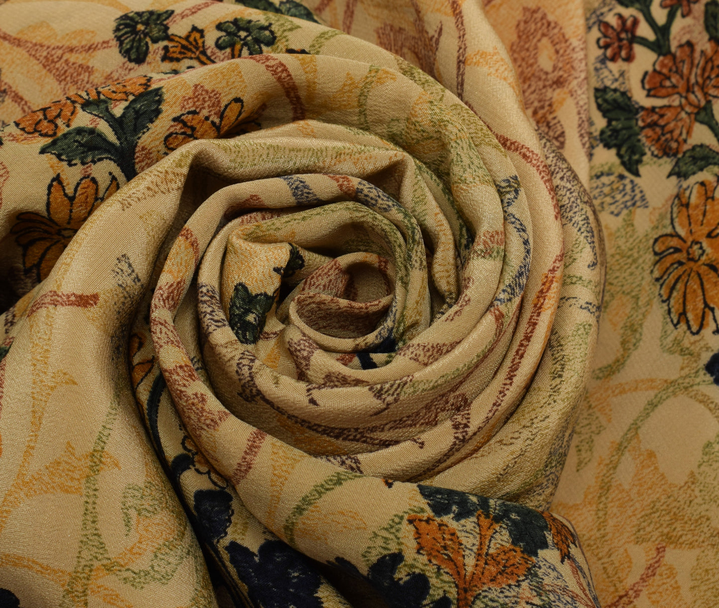 Sushila Vintage Brown Saree Pure Crepe Silk Printed Floral Sari Craft Fabric