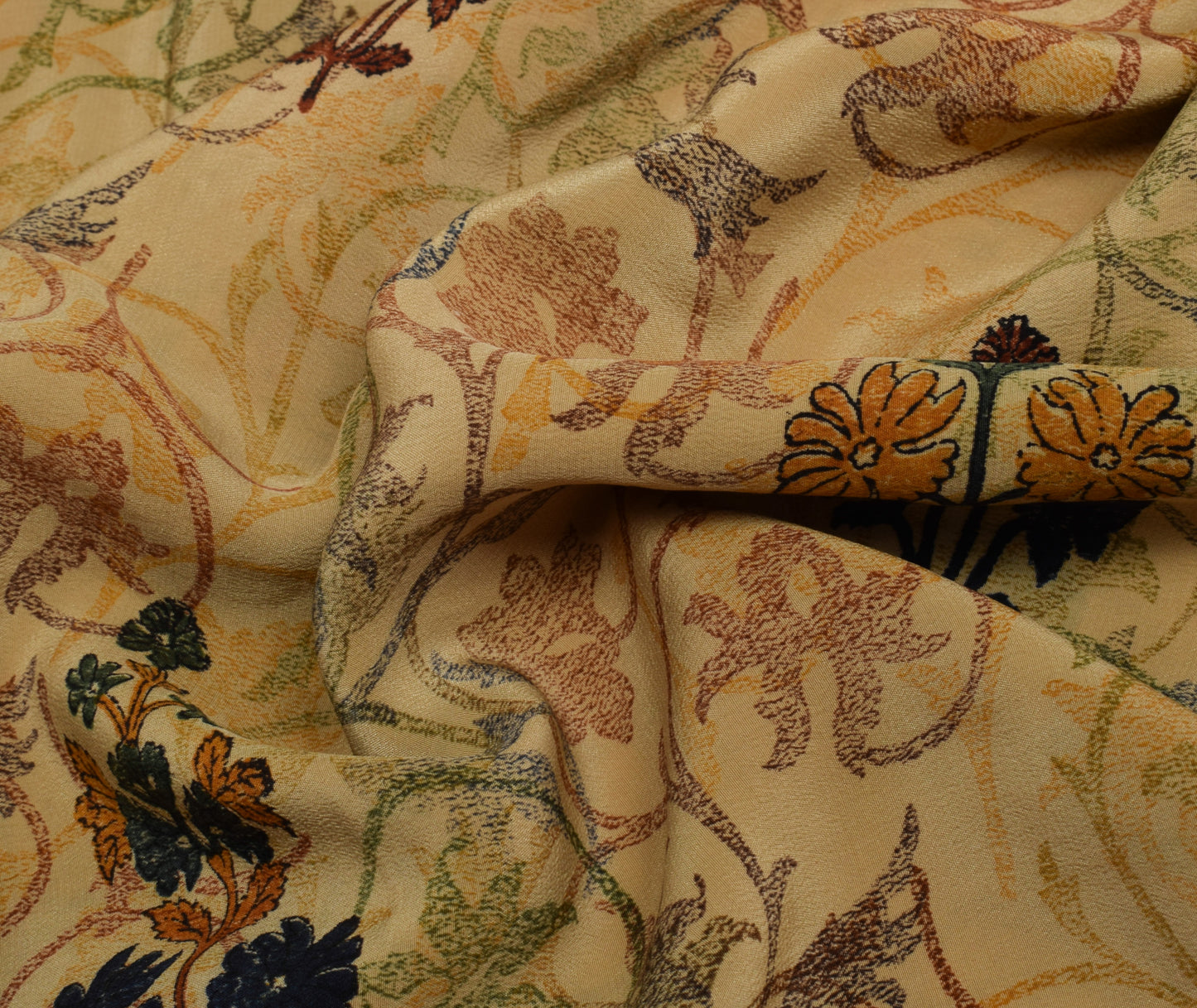 Sushila Vintage Brown Saree Pure Crepe Silk Printed Floral Sari Craft Fabric