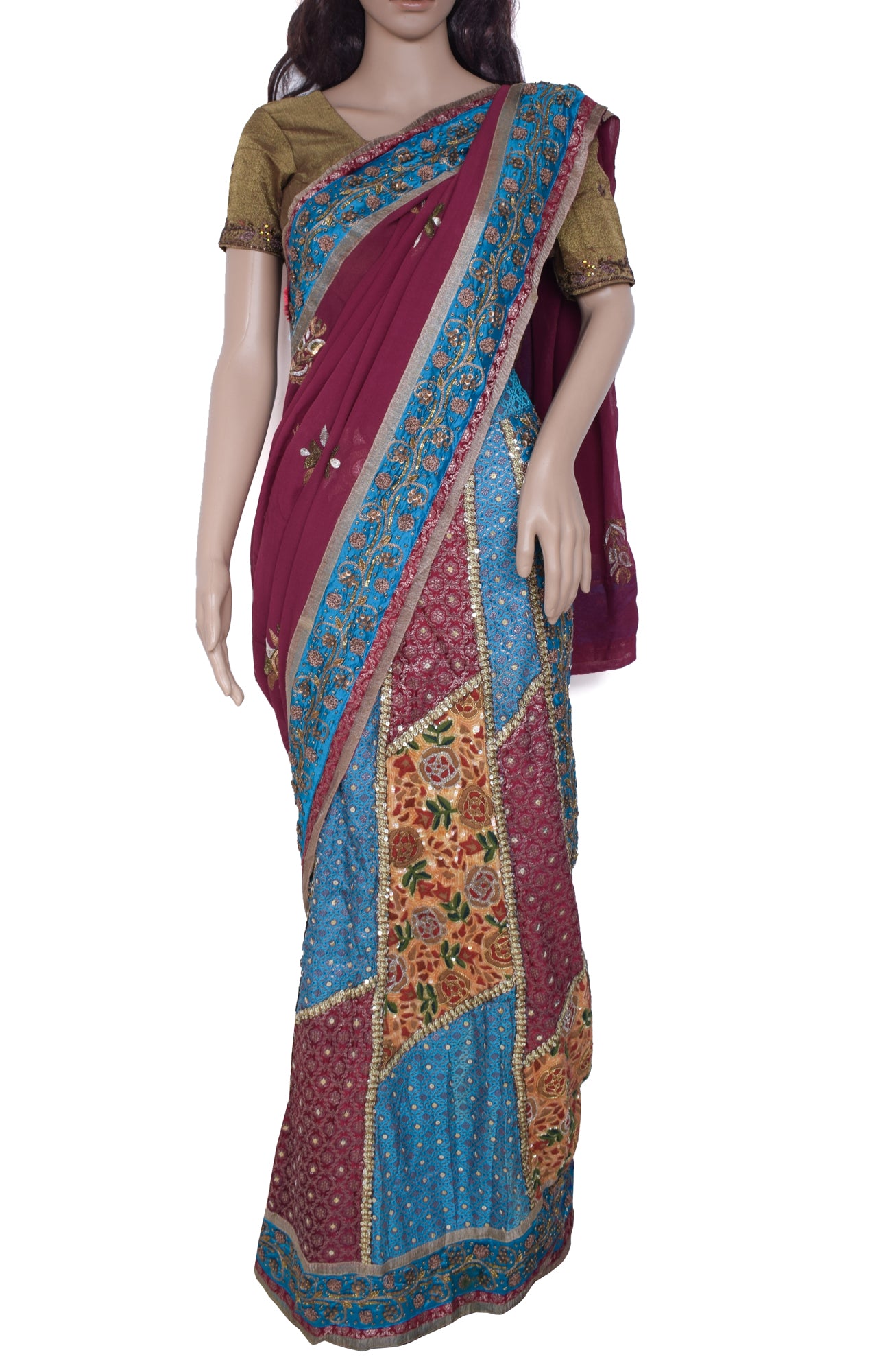 Sushila Vintage Indian Saree Pure Georgette Silk Embroidered Floral Sari Fabric