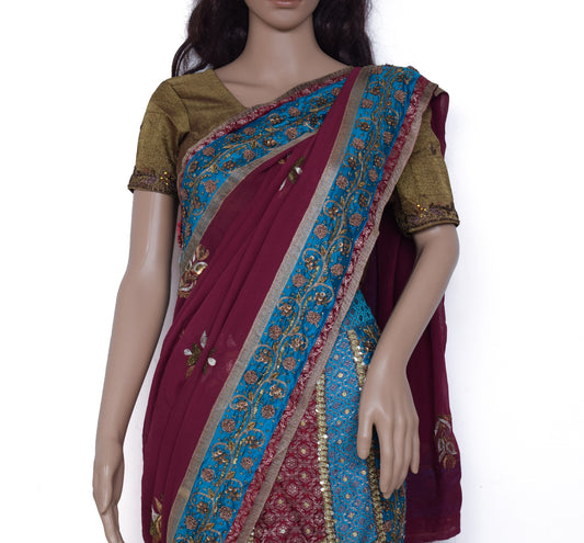 Sushila Vintage Indian Saree Pure Georgette Silk Embroidered Floral Sari Fabric
