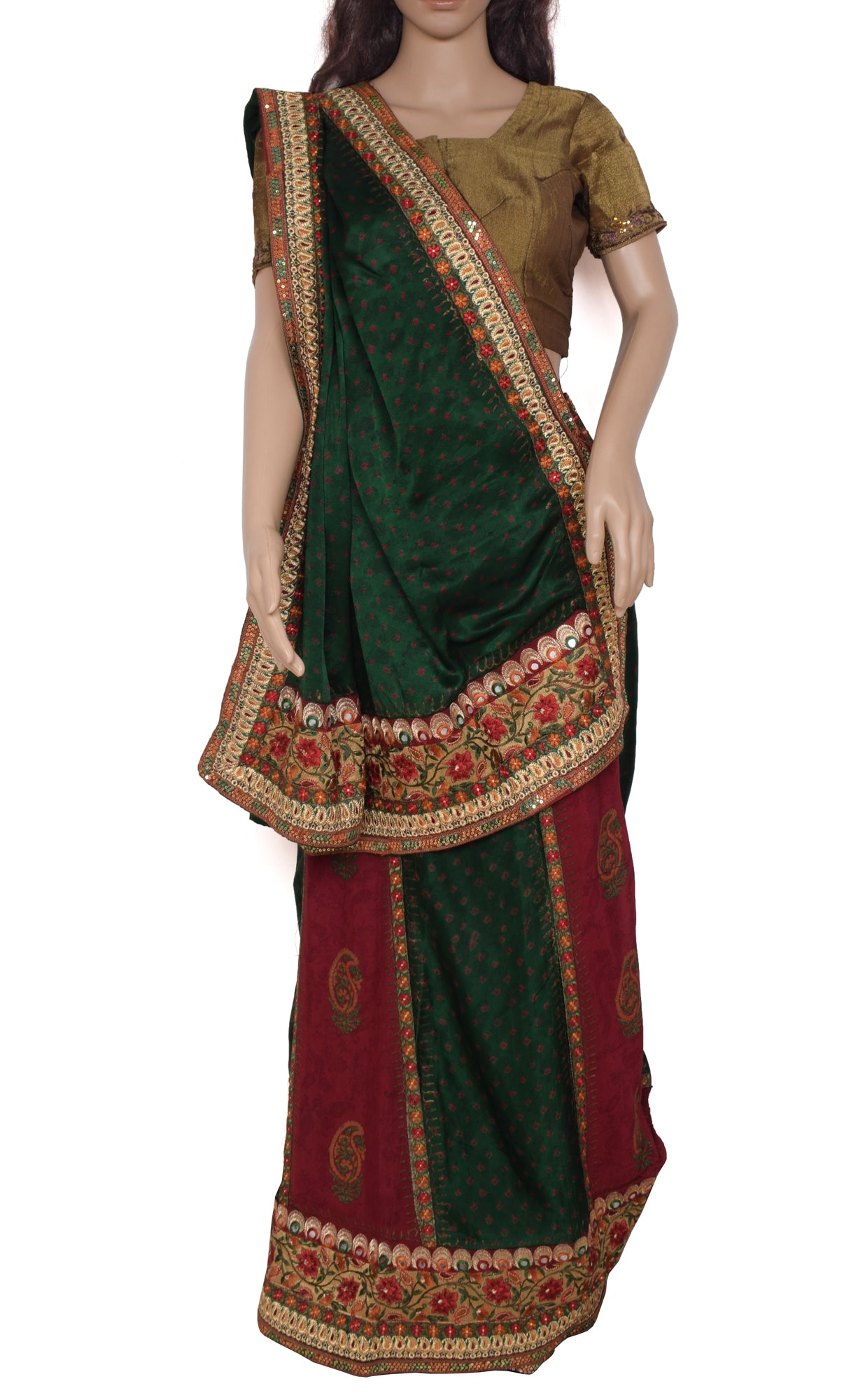 Sushila Vintage Ready to Wear Saree Pure Satin Silk Floral Printed Green Designer Sari