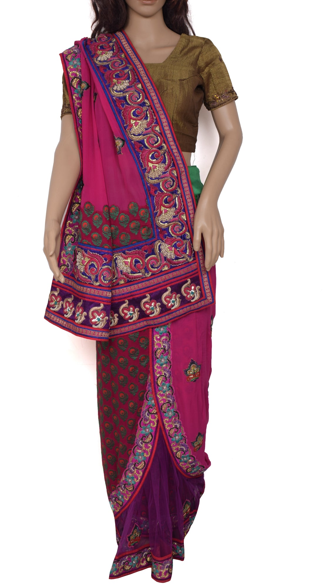 Sushila Vintage Dark Pink Saree Pure Georgette Silk Woven Floral Sari Fabric