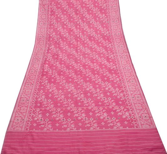 Sushila Vintage Indian Pink Saree Blend Cotton Woven Floral Sari 5 YD Fabric