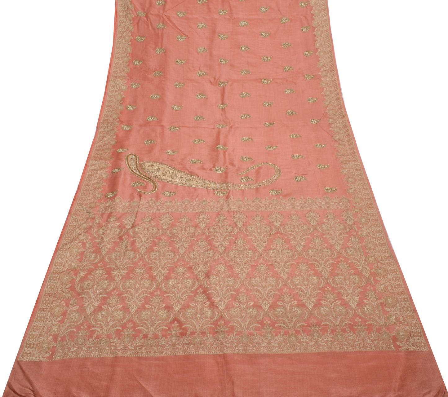 Sushila Vintage Peach Saree 100% Pure Silk Embroidered Paisley Sari Craft Fabric