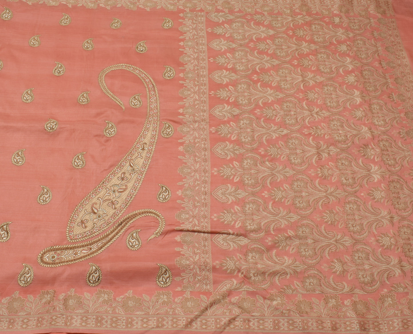 Sushila Vintage Peach Saree 100% Pure Silk Embroidered Paisley Sari Craft Fabric