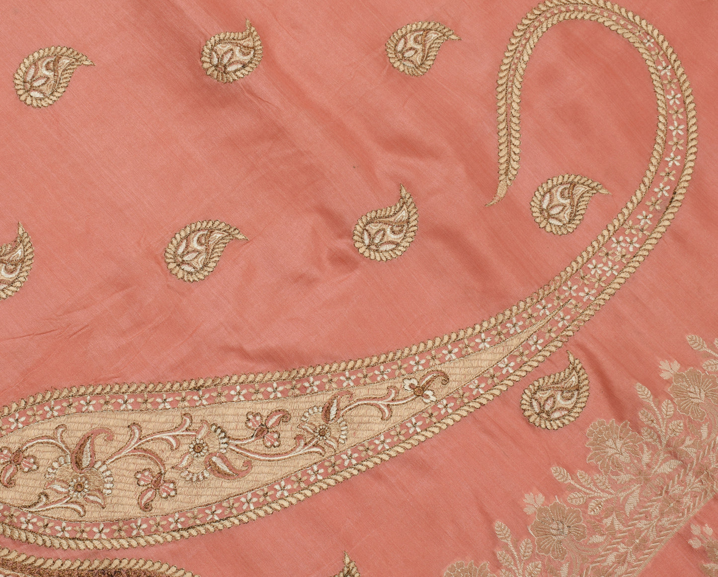 Sushila Vintage Peach Saree 100% Pure Silk Embroidered Paisley Sari Craft Fabric