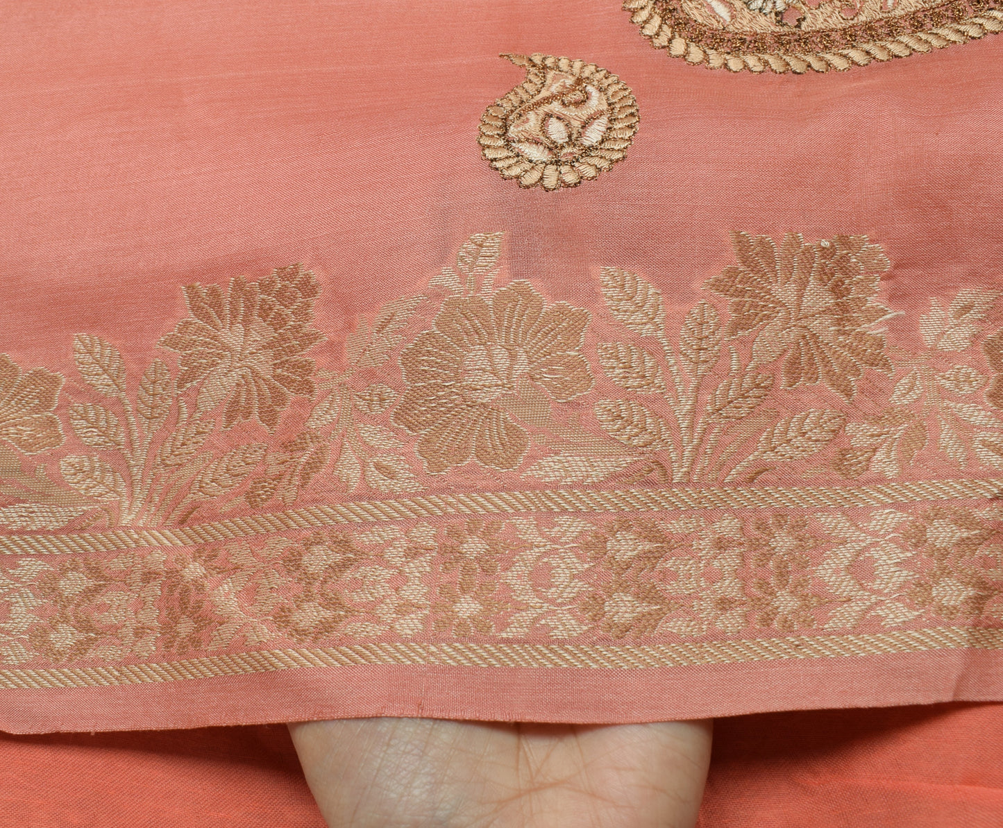 Sushila Vintage Peach Saree 100% Pure Silk Embroidered Paisley Sari Craft Fabric