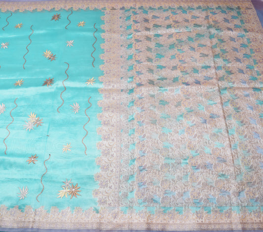 Sushila Vintage Aqua Blue Saree Blend Tissue Silk Embroidered Floral Sari Fabric