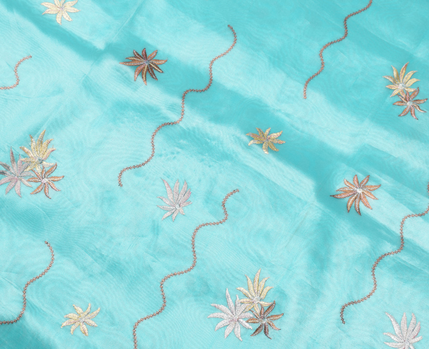 Sushila Vintage Aqua Blue Saree Blend Tissue Silk Embroidered Floral Sari Fabric