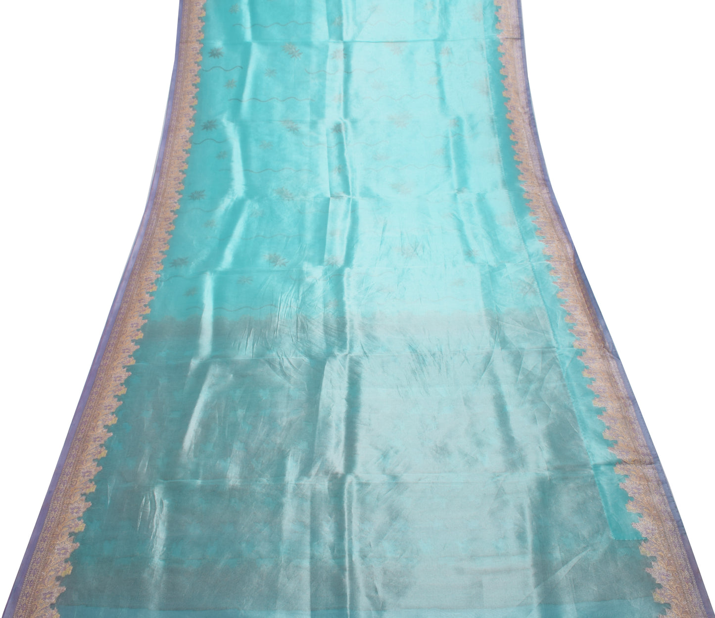 Sushila Vintage Aqua Blue Saree Blend Tissue Silk Embroidered Floral Sari Fabric