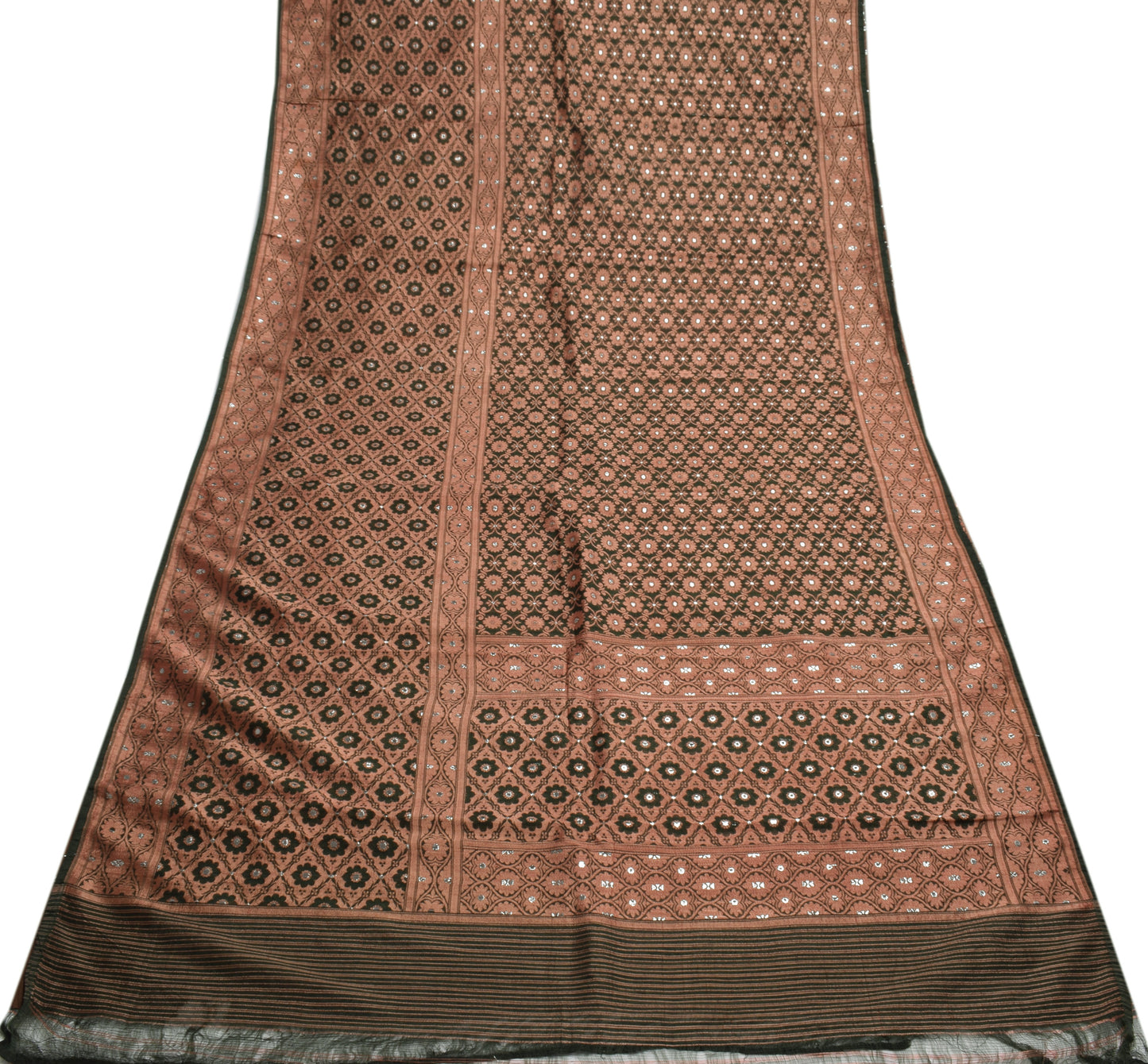 Sushila Vintage Green Indian Saree Blend Silk Woven Floral 5YD Sari Craft Fabric