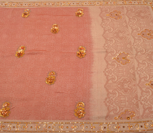 Sushila Vintage Peach Saree 100% Pure Silk Hand Beaded Floral 5 YD Sari Fabric