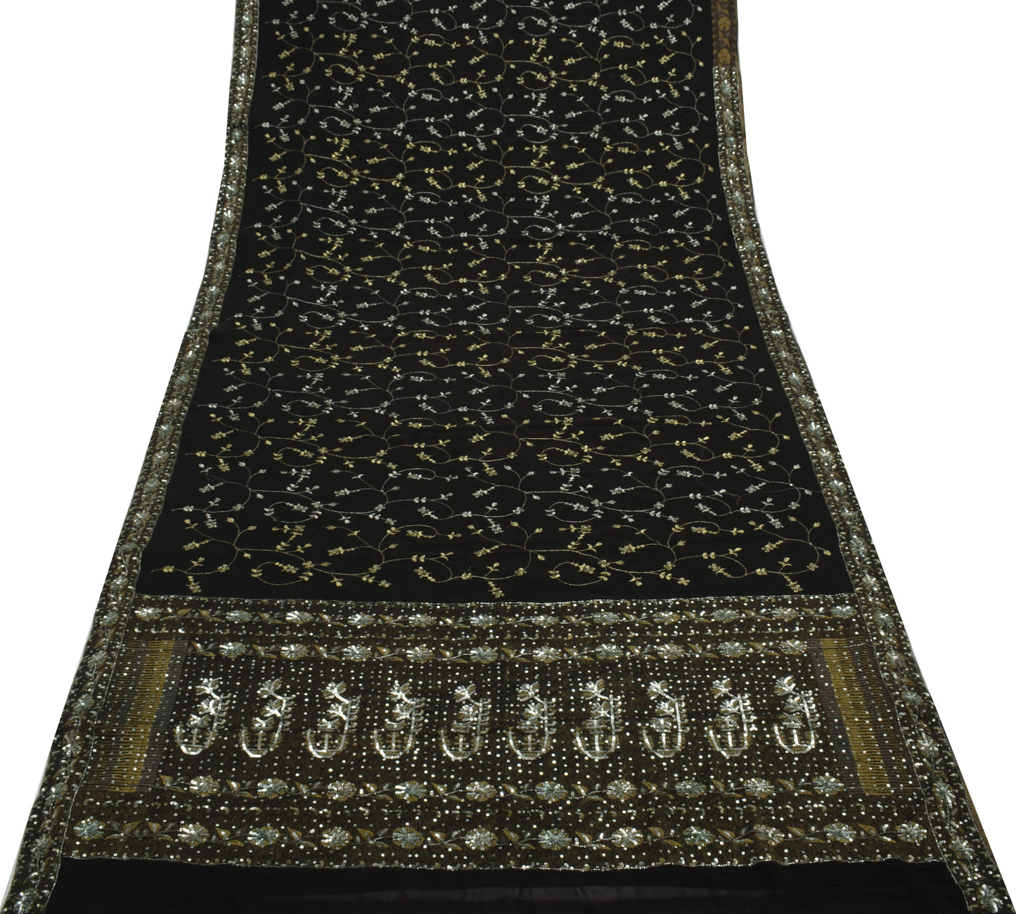 Sushila Vintage Black Saree Pure Georgette Silk Hand Beaded Floral Sari Fabric