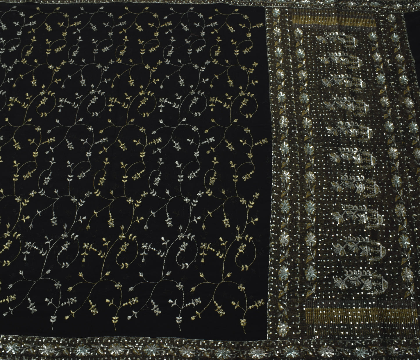 Sushila Vintage Black Saree Pure Georgette Silk Hand Beaded Floral Sari Fabric
