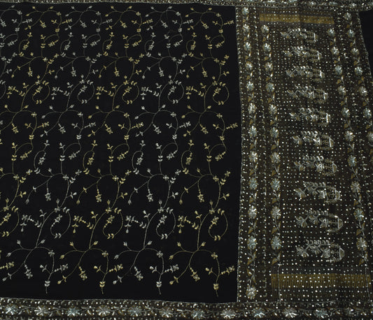 Sushila Vintage Black Saree Pure Georgette Silk Hand Beaded Floral Sari Fabric