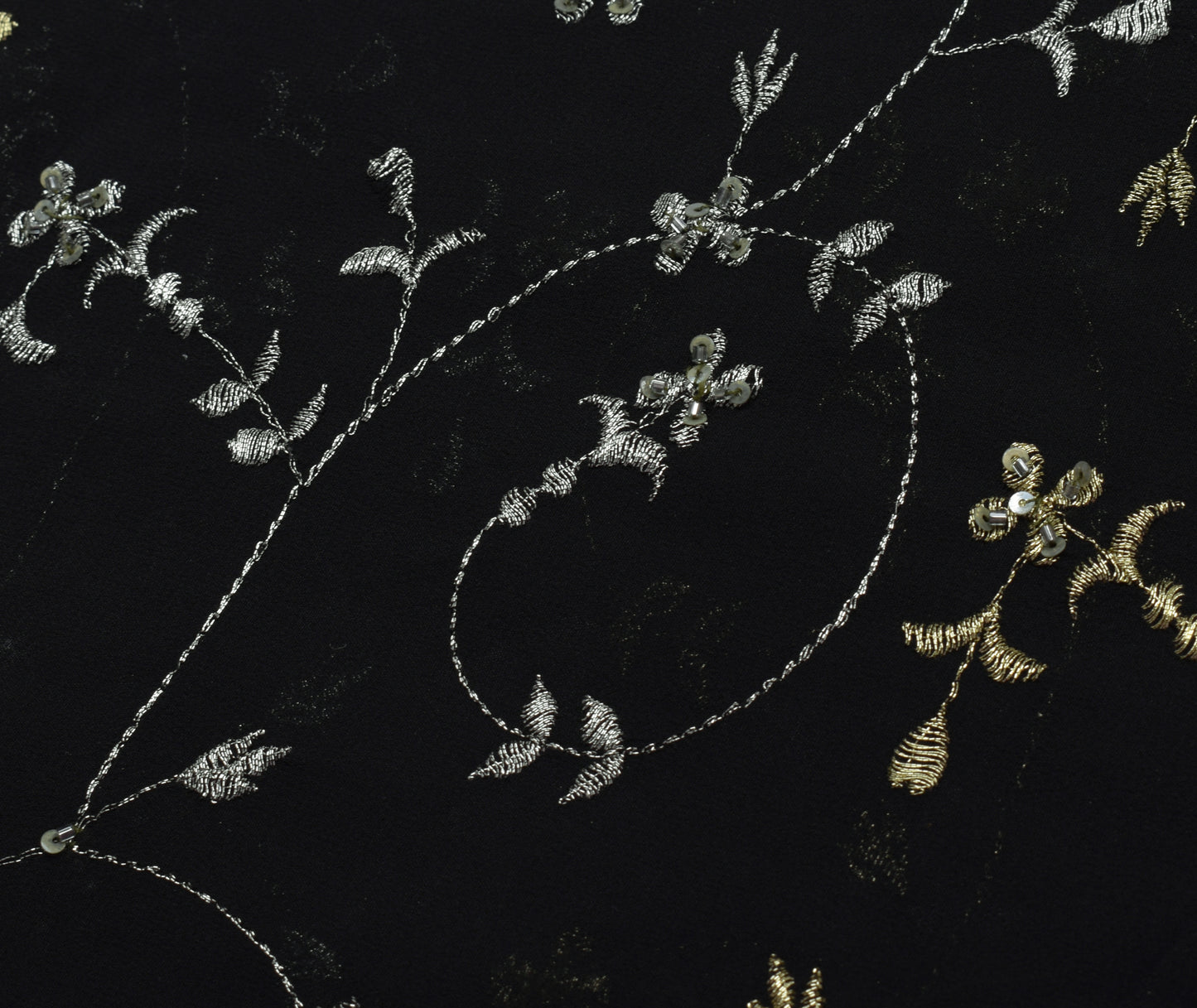 Sushila Vintage Black Saree Pure Georgette Silk Hand Beaded Floral Sari Fabric