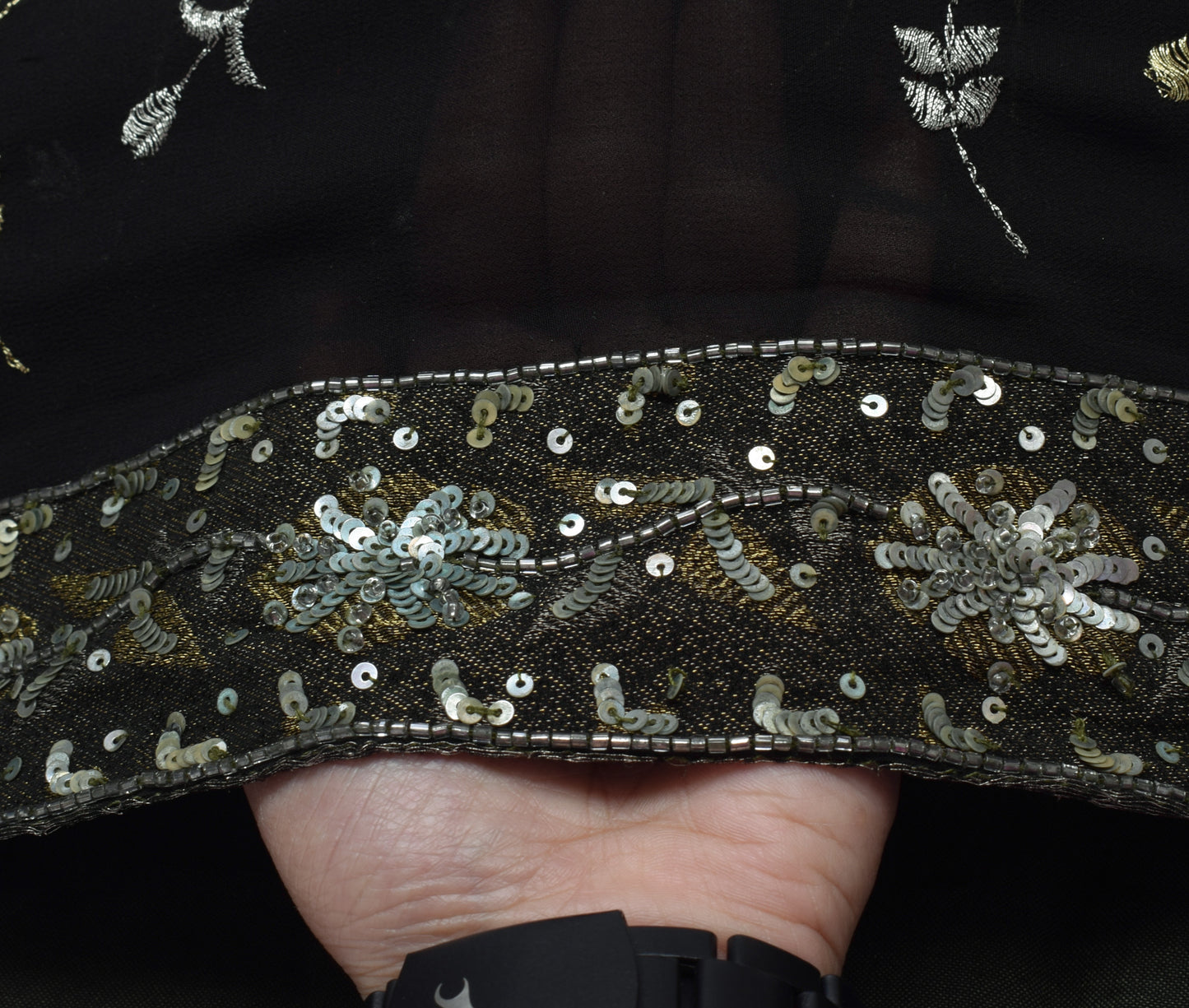 Sushila Vintage Black Saree Pure Georgette Silk Hand Beaded Floral Sari Fabric