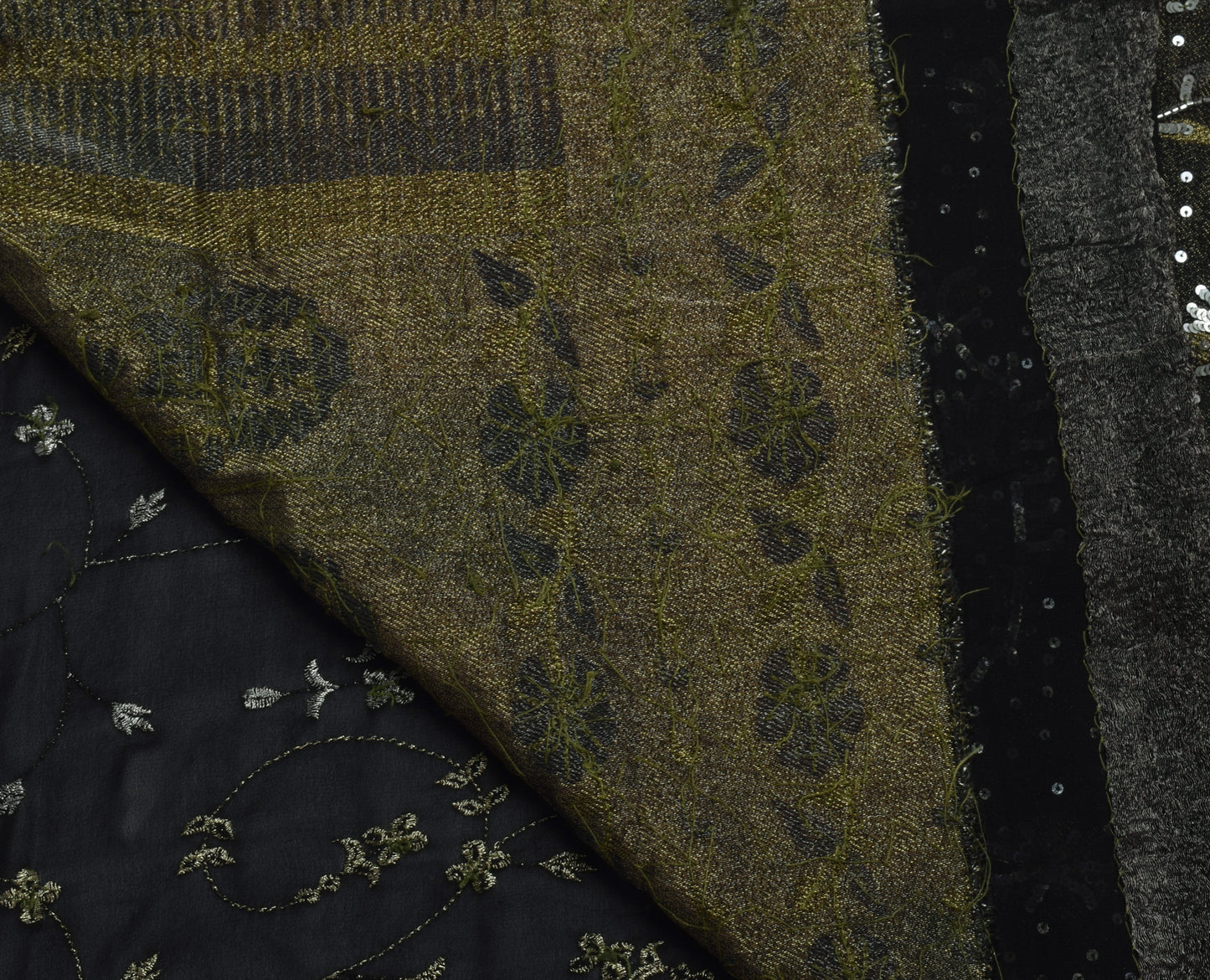 Sushila Vintage Black Saree Pure Georgette Silk Hand Beaded Floral Sari Fabric