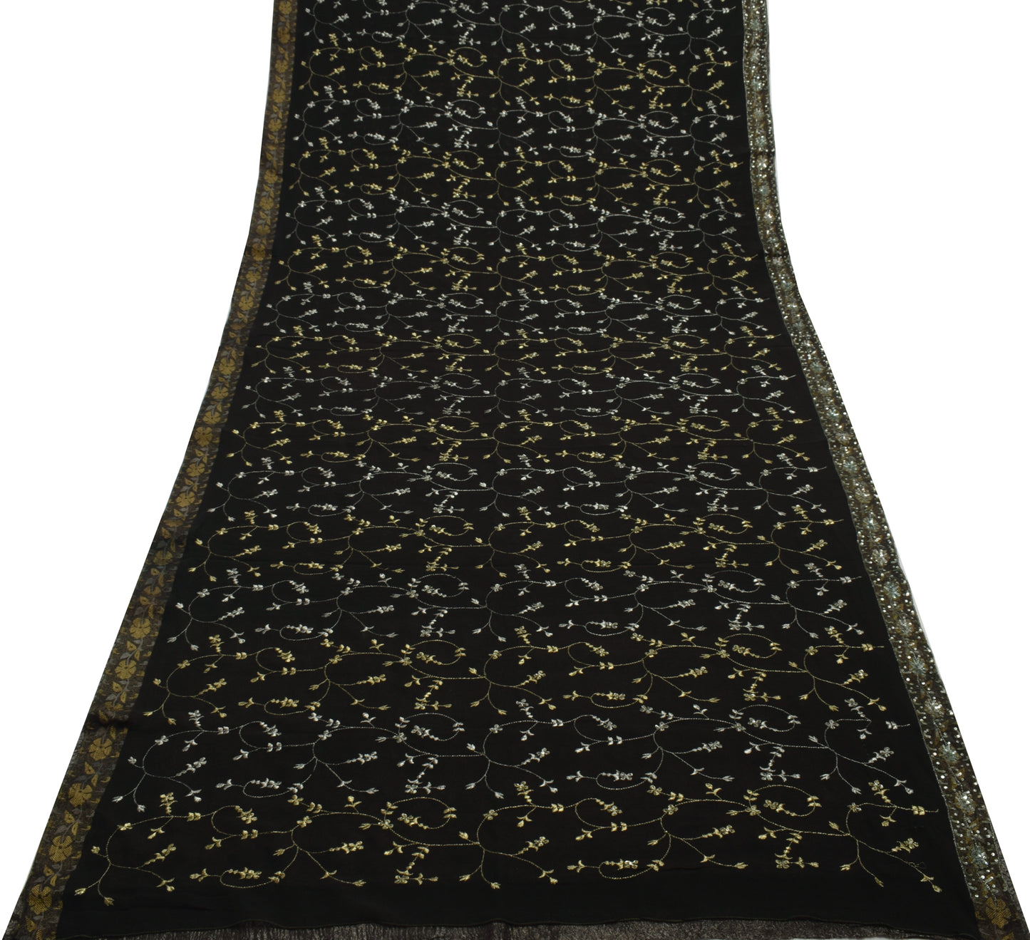 Sushila Vintage Black Saree Pure Georgette Silk Hand Beaded Floral Sari Fabric