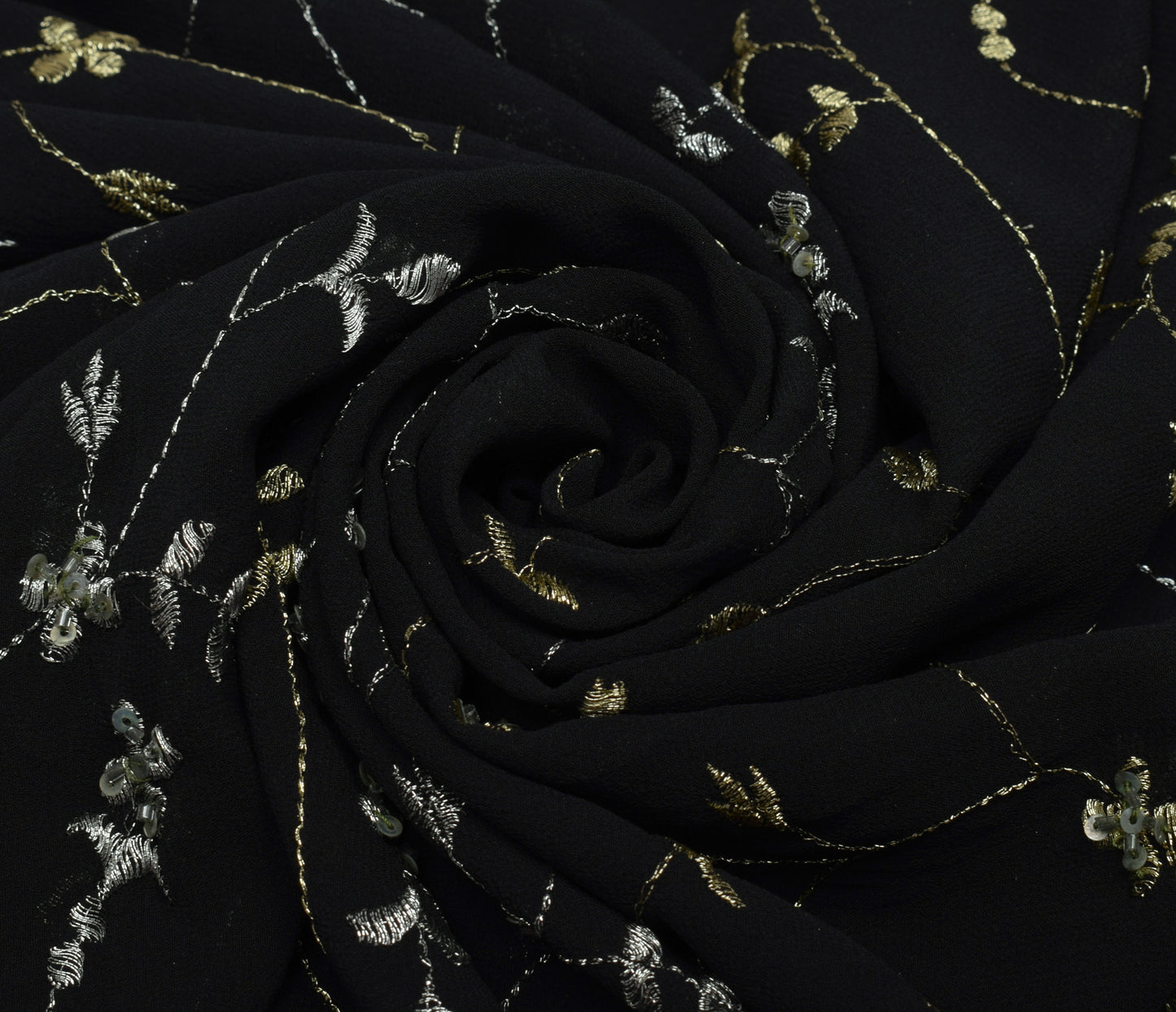 Sushila Vintage Black Saree Pure Georgette Silk Hand Beaded Floral Sari Fabric