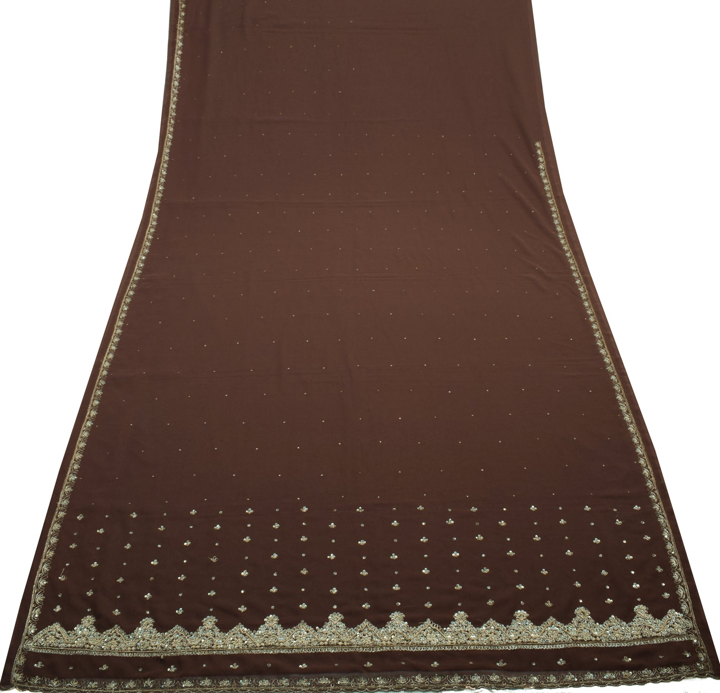 Sushila Vintage Brown Indian Saree Blend Georgette Silk Hand Beaded Sari Fabric