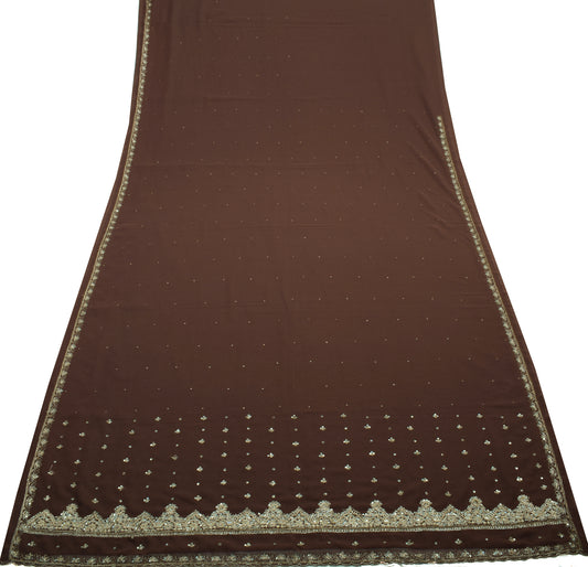 Sushila Vintage Brown Indian Saree Blend Georgette Silk Hand Beaded Sari Fabric