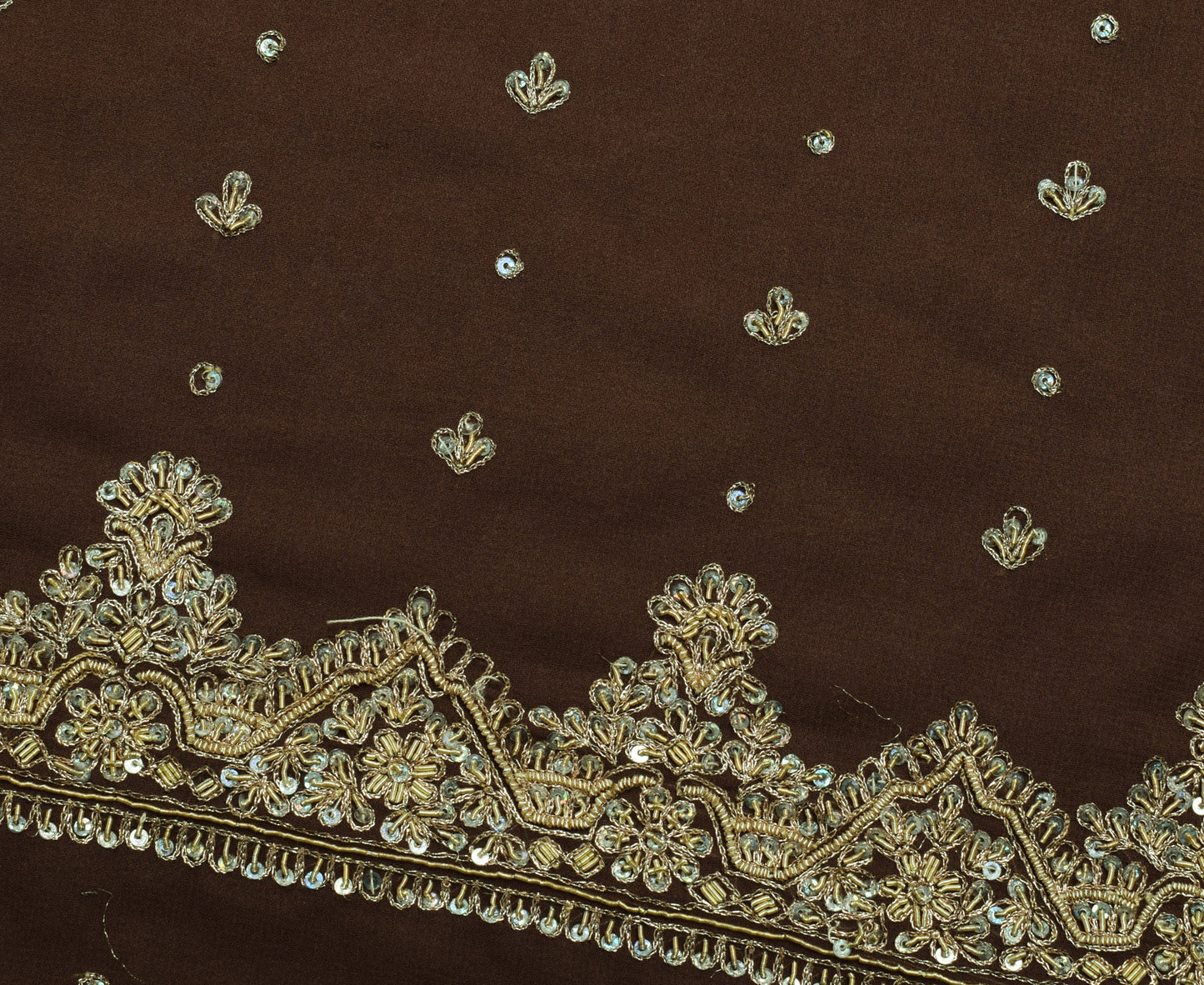Sushila Vintage Brown Indian Saree Blend Georgette Silk Hand Beaded Sari Fabric