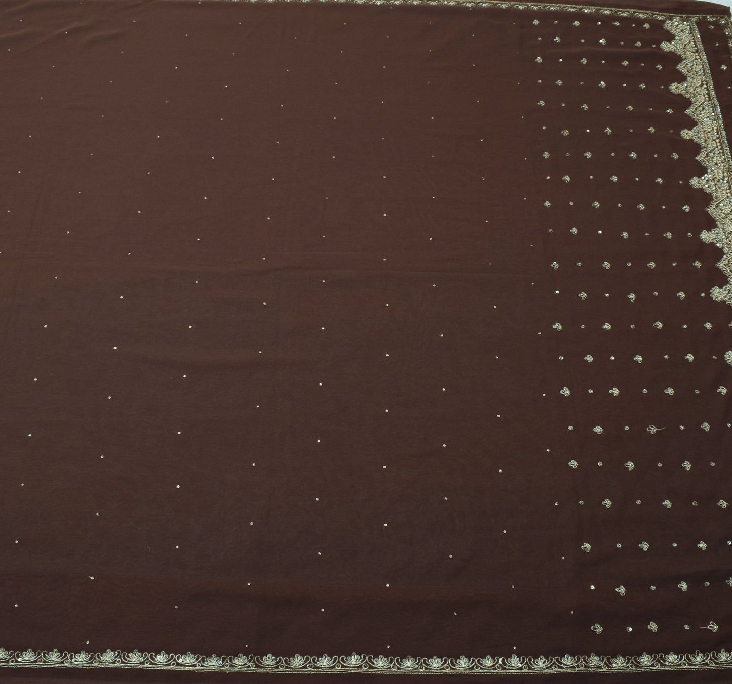 Sushila Vintage Brown Indian Saree Blend Georgette Silk Hand Beaded Sari Fabric