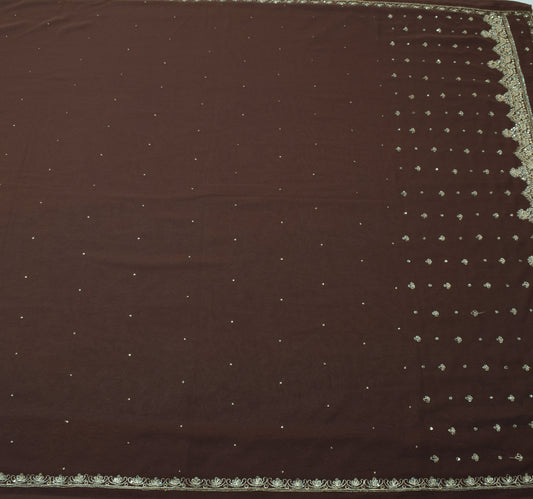Sushila Vintage Brown Indian Saree Blend Georgette Silk Hand Beaded Sari Fabric