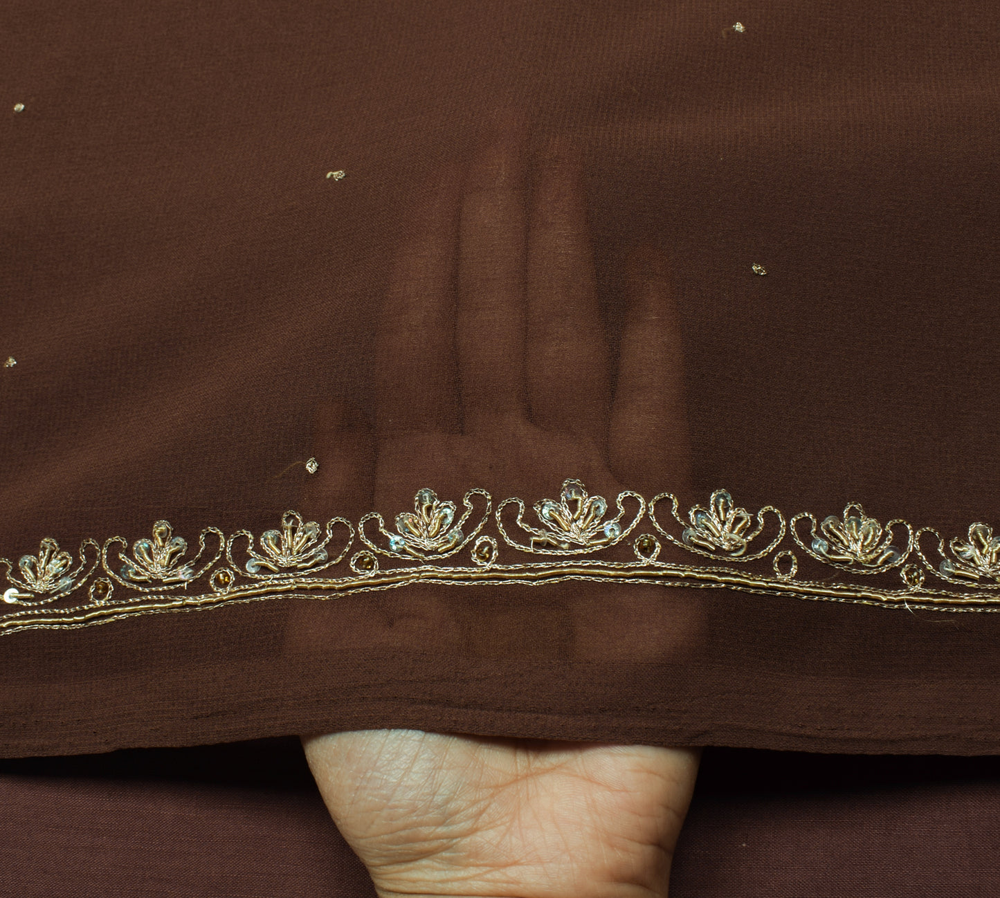 Sushila Vintage Brown Indian Saree Blend Georgette Silk Hand Beaded Sari Fabric