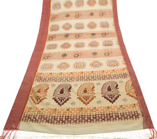 Sushila Vintage Cream Indian Saree 100% Pure Cotton Woven 5 YD Sari Craft Fabric