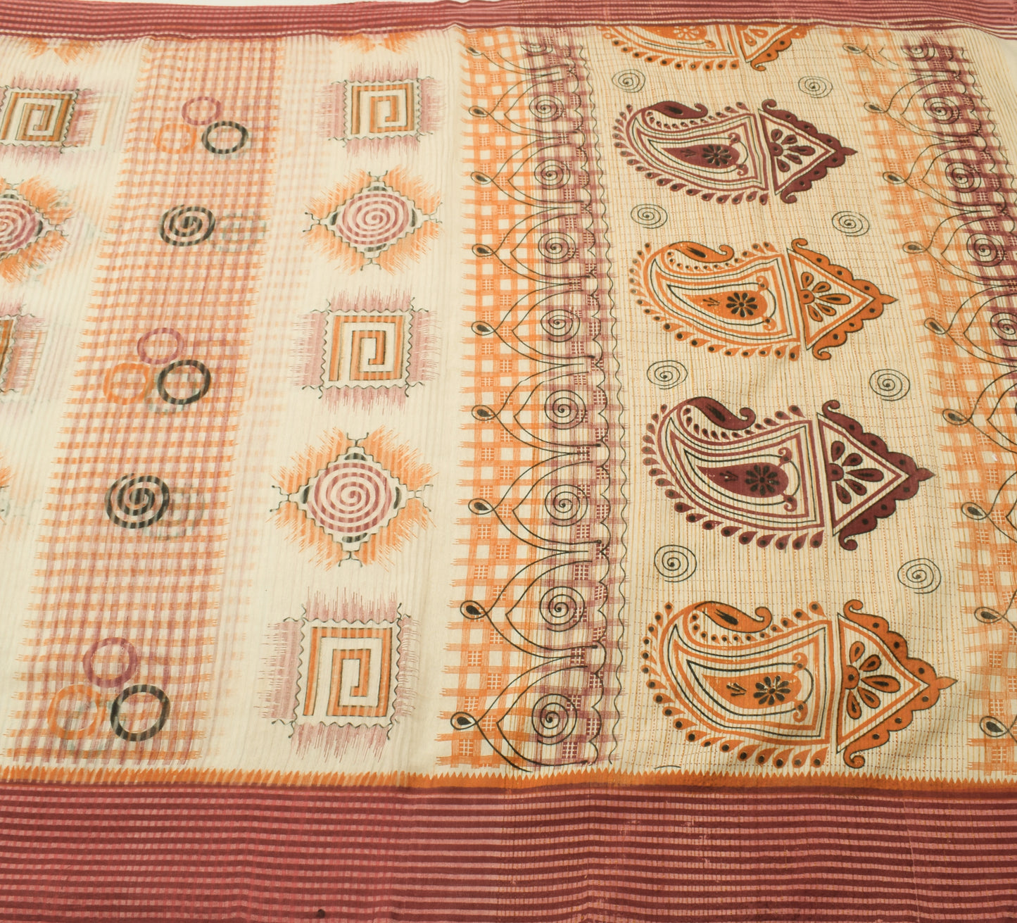 Sushila Vintage Cream Indian Saree 100% Pure Cotton Woven 5 YD Sari Craft Fabric