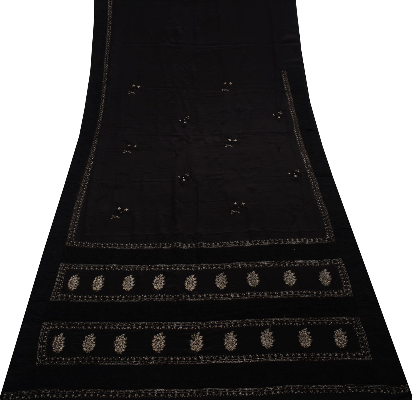 Sushila Vintage Black Saree 100% Pure Crepe Hand Embroidered Floral Sari Fabric